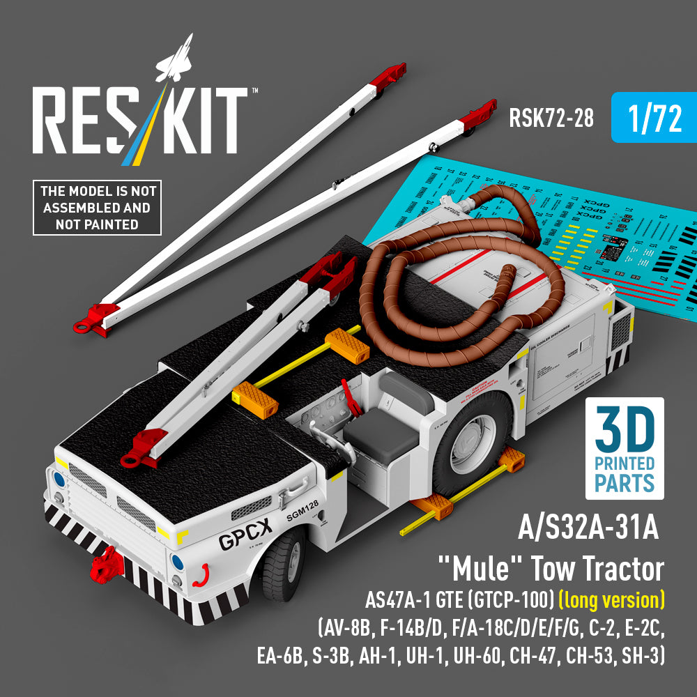 A/S32A-31A 'Mule' Tow Tractor AS47A-1 GTE (GTCP-100) (long version) (AV-8B, Grumman F-14B/D, McDonnell-Douglas F/A-18C/D/E/F/G, C-2, E-2?, EA-6B, S-3B, AH-1, UH-1, Sikorsky UH-60, CH-47, CH-53, SH-3) (3D-Printed model kit) (1/72)