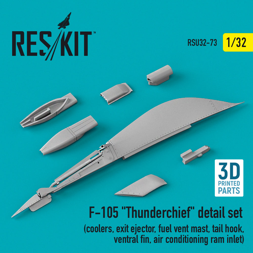 Republic F-105D Thunderchief detail set (coolers, exit ejector, fuel vent mast, tail hook,ventral fin, air conditioning ram inlet) 3D-Printed