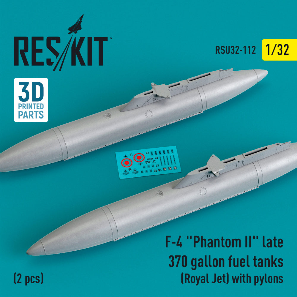 McDonnell F-4 Phantom II late 370 gallon fuel tanks (Royal Jet) with pylons (2 pcs) (F-4C, F-4D, F-4E, F-4G) (2 pcs) (designed to be used with Tamiya kits) (3D-Printed)