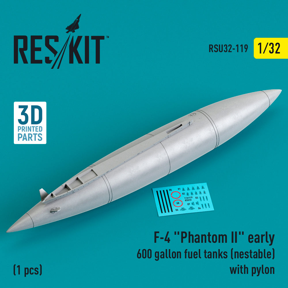 McDonnell F-4 Phantom II early 600 gallon fuel tanks (nestable) with pylon (1 pc) (3D-Printed) (F-4C, F-4D, F-4E, F-4G) (2 pcs) (designed to be used with Tamiya kits)