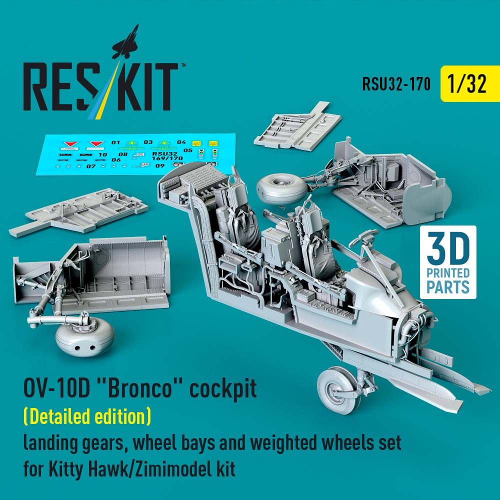 North-American/Rockwell OV-10D Bronco cockpit (Detailed edition) landing gears, wheel bays and weighted wheels set (designed to be used with Kitty Hawk Models Models and Zimi-Model kits) (3D-Printed)
