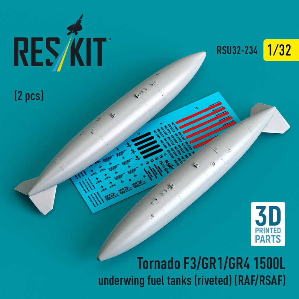 Panavia Tornado F.3/GR.1/GR.4 1500L underwing fuel tanks (riveted) (RAF/RSAF) (2 pcs) (3D-Printed) (1/32) (designed to be used with Italeri and Revell kits)