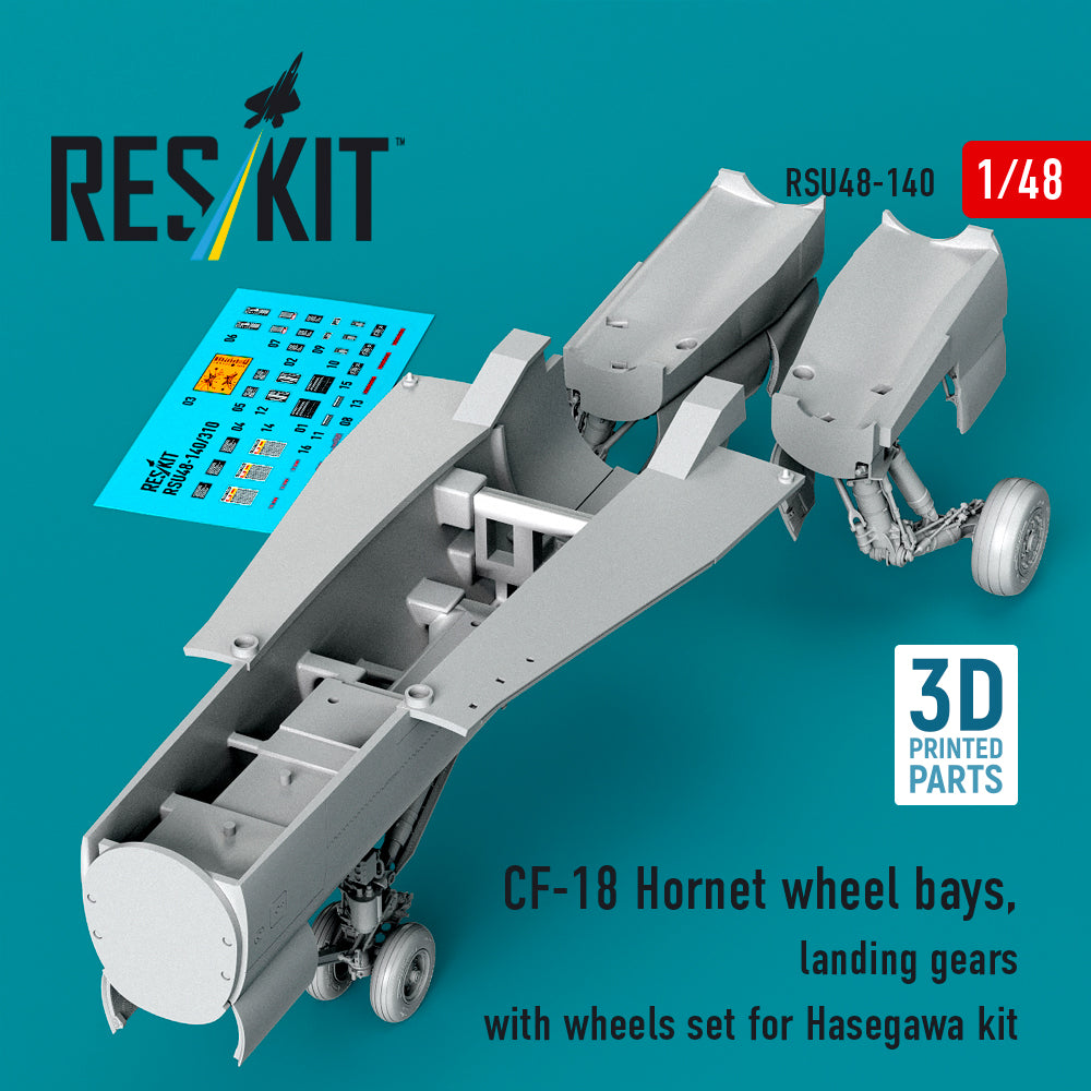 CF-18 Hornet wheel bays, landing gears with wheels set (designed to be used with Hasegawa kits) (3D Printed)
