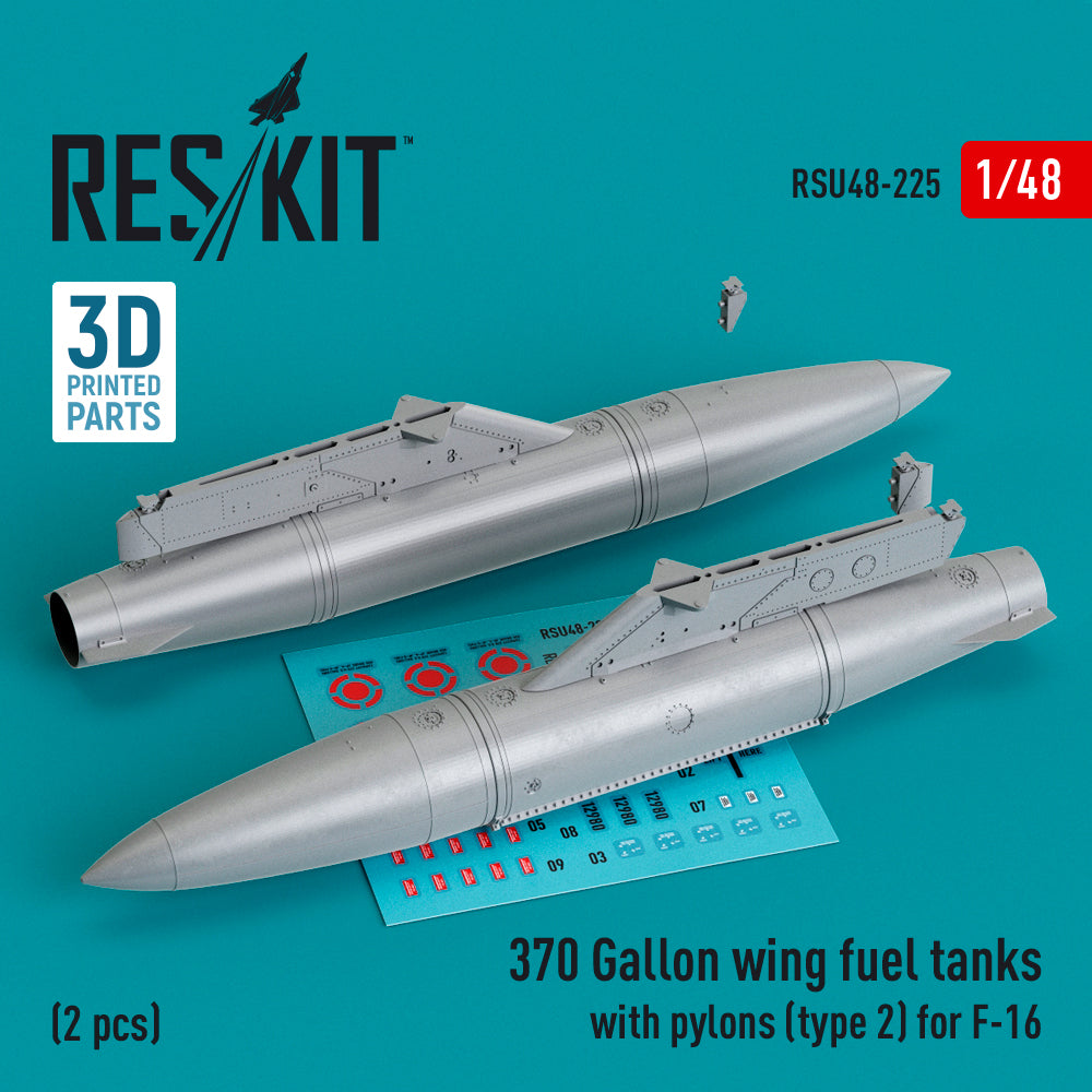 370 Gallon wing fuel tanks with pylons (type 2) for Lockheed-Martin F-16A/F-16B/F-16C/F-16D/F-16E/F-16F/F-16I (2 pcs) (3D-Printed)