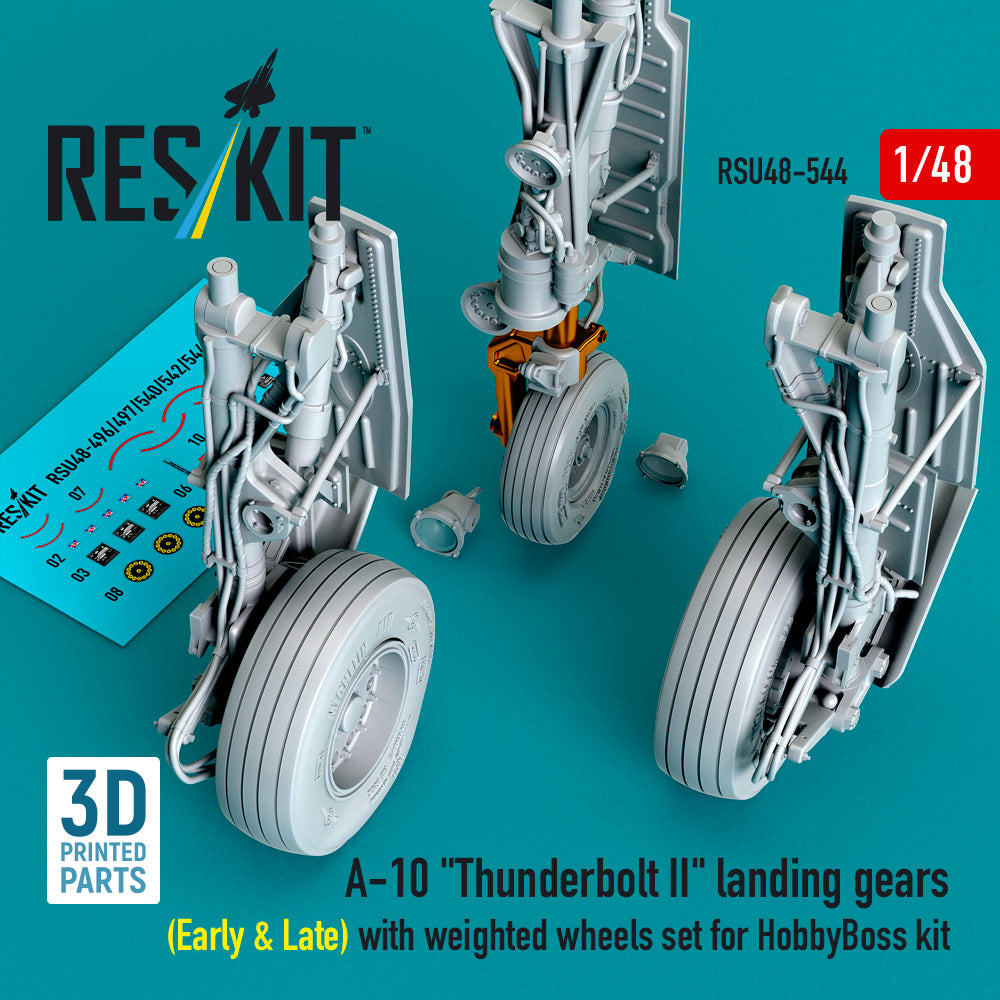 Fairchild A-10 Thunderbolt II landing gears (Early & Late) with weighted wheels set (designed to be used with Hobby Boss kits) (Metal+3D-Printed) (1/48)