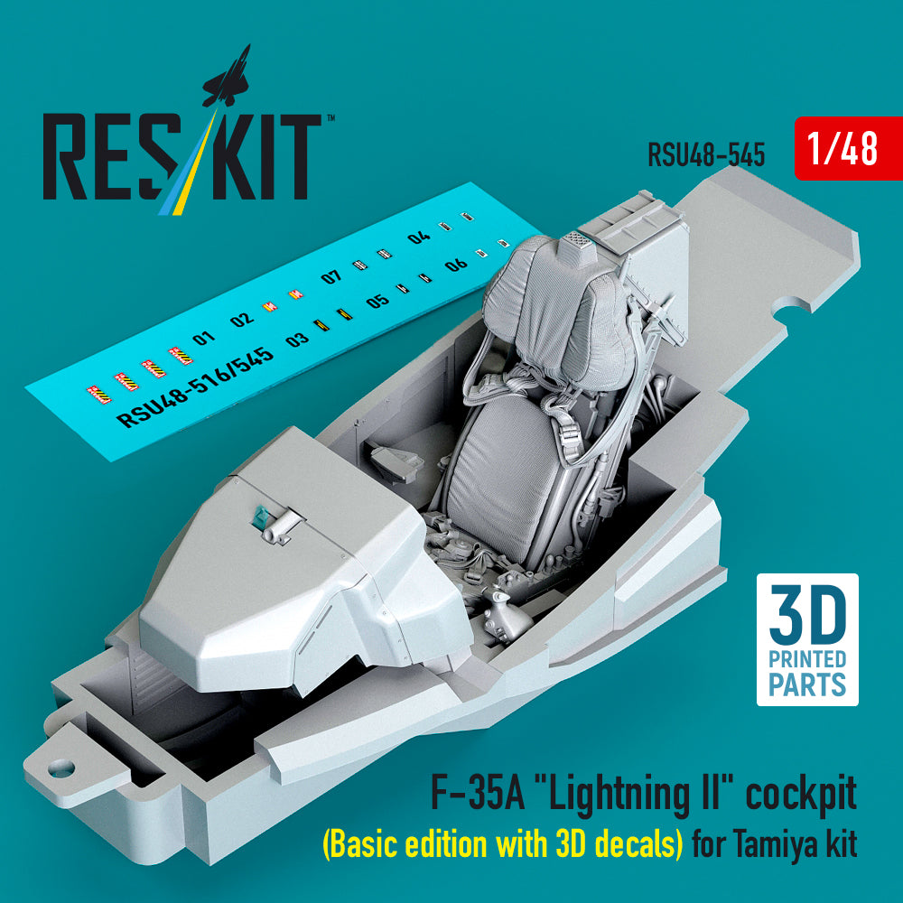 Lockheed-Martin F-35A Lightning II cockpit (Basic edition with 3D-decals) (designed to be used with Tamiya kits) (3D-Printed) (1/48)