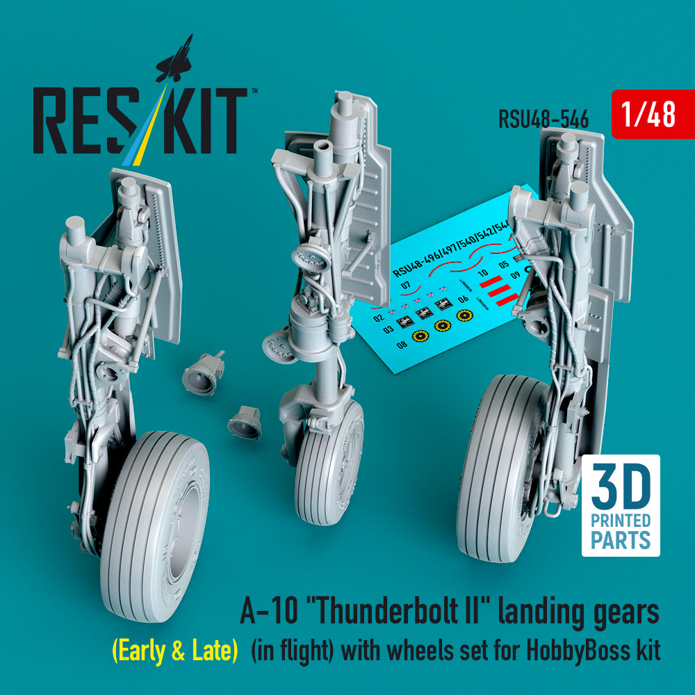 Fairchild A-10 Thunderbolt II landing gears (Early & Late) (in flight) with wheels set (designed to be used with Hobby Boss kits) 3D-Printed