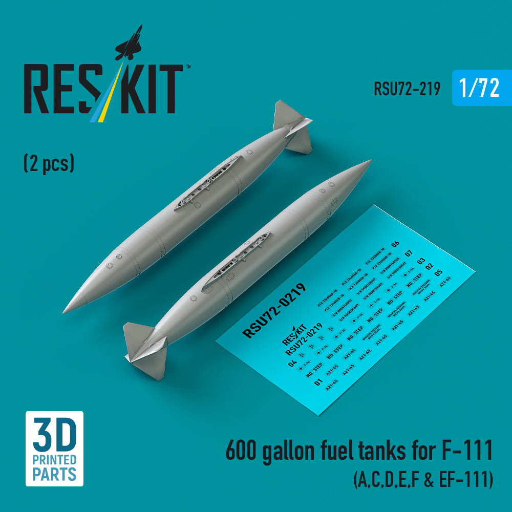 600 gallon fuel tanks for general-Dynamics F-111A, F-111C, F-111D, F-111E, F-111F & EF-111) (2 pcs) (3D-printed) (designed to be used with Hasegawa and Hobby 2000 kits)