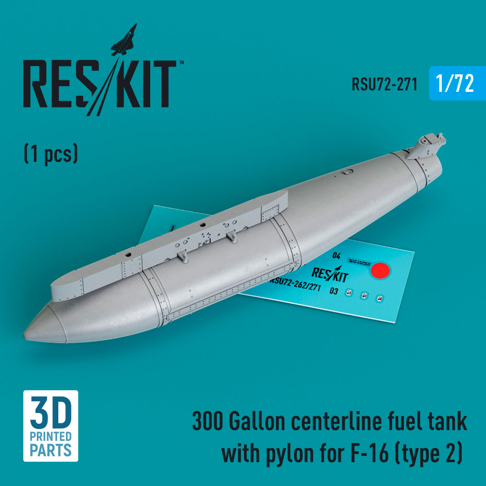 300 Gallon centerline fuel tank with pylon for Lockheed-Martin F-16A/F-16B/F-16C/F-16D/F-16E/F-16F/F-16I (type 2) (1 pc) (3D-Printed)