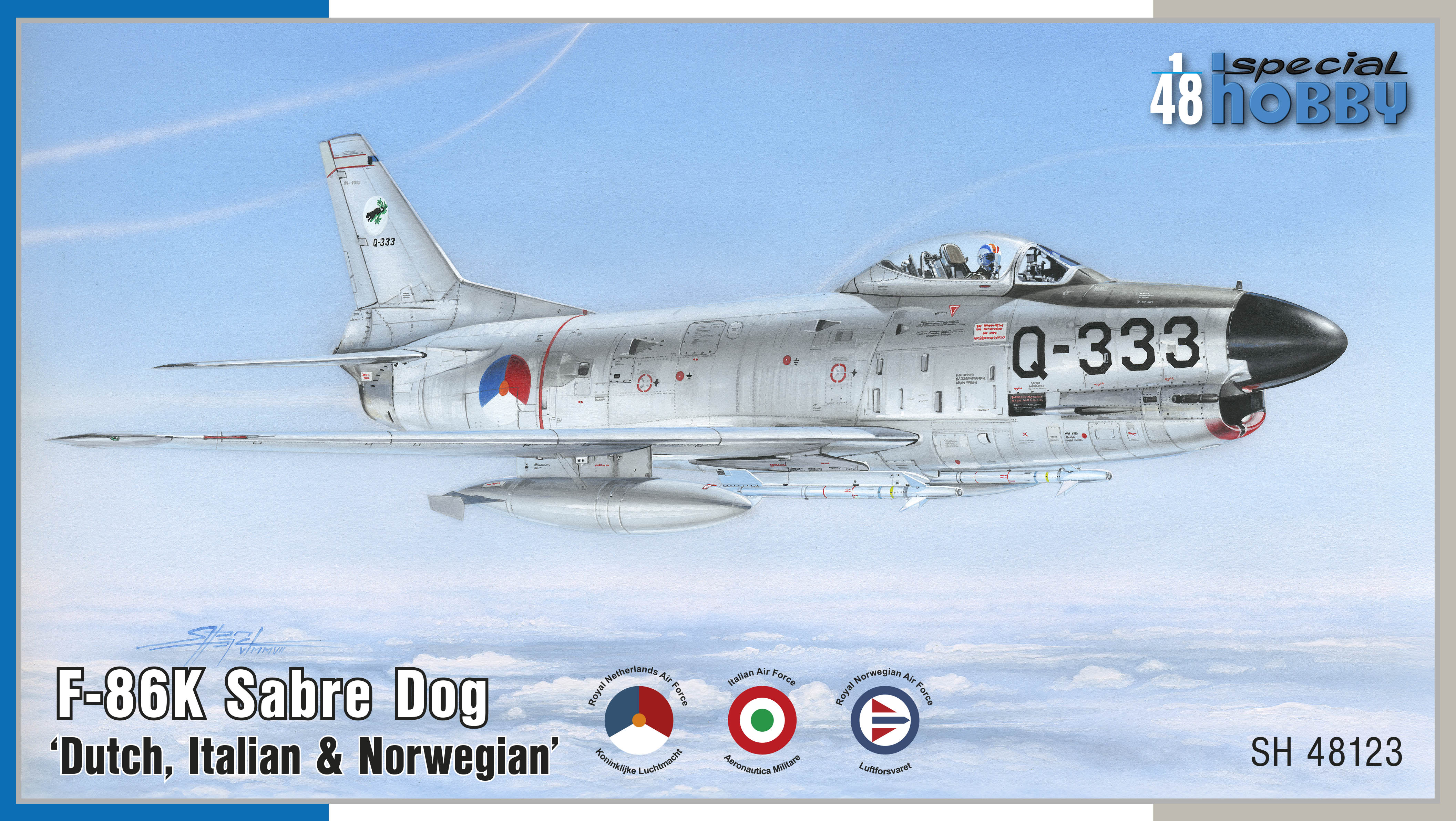 Model of F-86K Sabre Dog aircraft with 'Dutch, Italian & Norwegian' flags on a blue background.