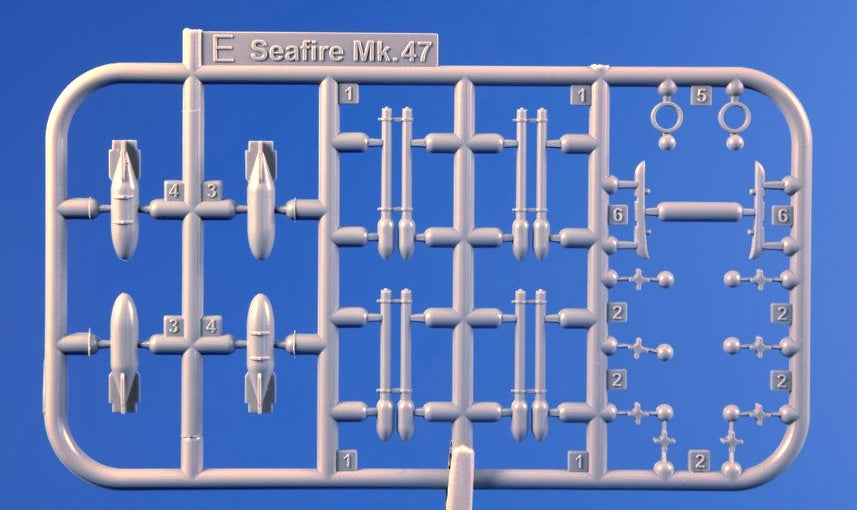 British Post-war Underwing Armament A sprue with two styrene bombs with their racks and four pairs of rocket projectiles, suitable for various British late-war and immediately post-war aircraft.Universal armament of 1945/55 British warplanes