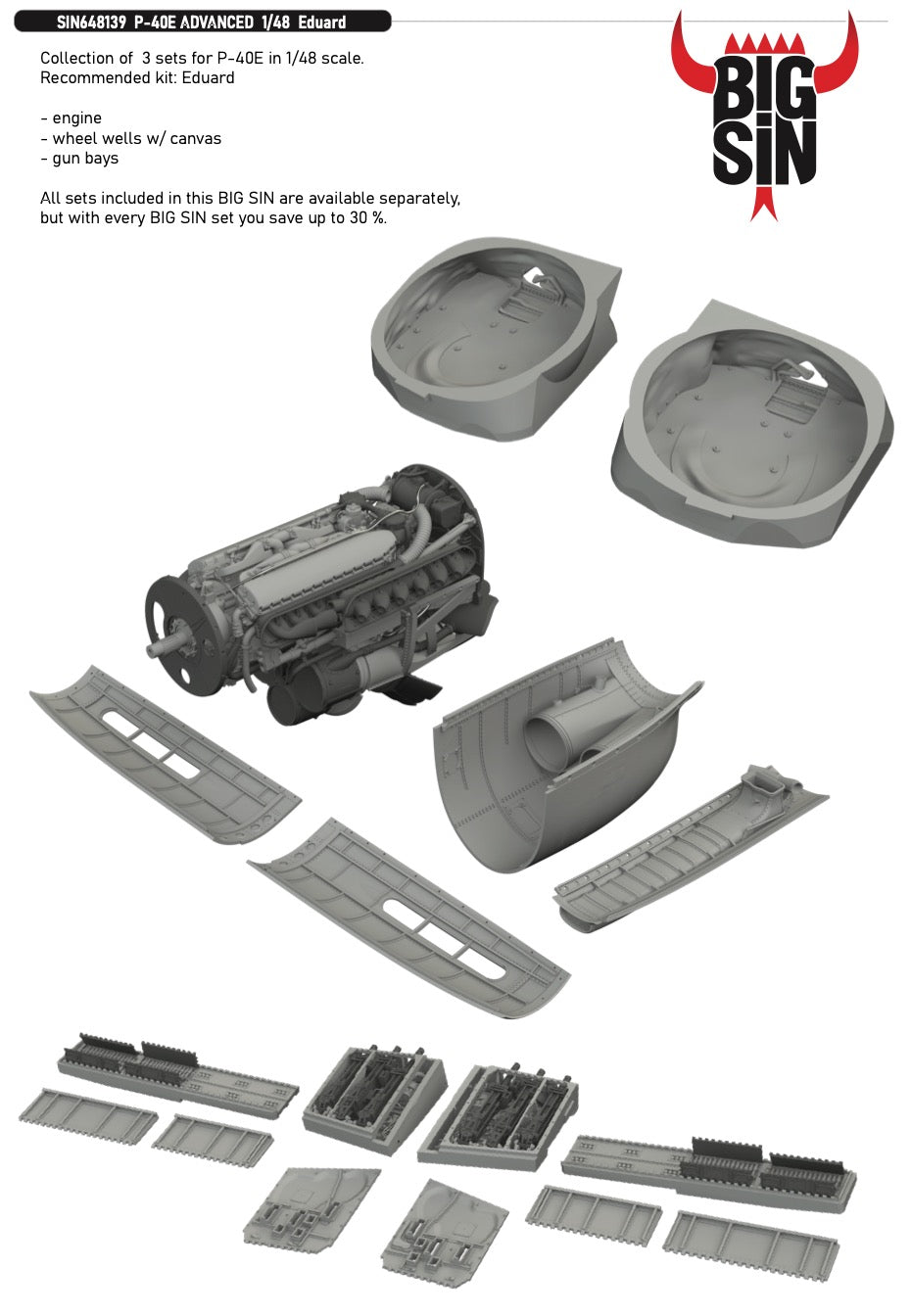 Curtiss P-40E Warhawk ADVANCED 1/48 (designed to be used with Eduard kits) 			Collection of 3 sets for P-40E in 1/48 scale. Recommended kit: Eduard- engine- wheel wells with canvas - gun bays