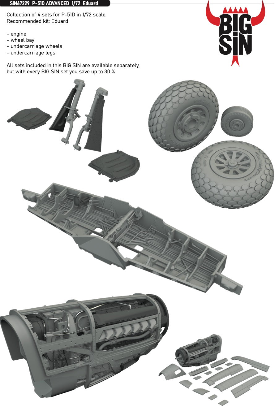 North-American P-51D ADVANCED set of engine, wheel bay, undercarriage wheels and legs 1/72 (designed to be used with Eduard kits)