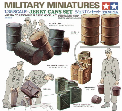Jerry Can Set. Includes 6 drum can, 9 German Jerry Cans, 9 U.S. jerry cans and 4 buckets