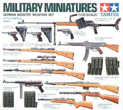 German Small Arms set. Luger, Walthers, Mausers, anti-tank rifle, MP 40, MP 44, pouches etc