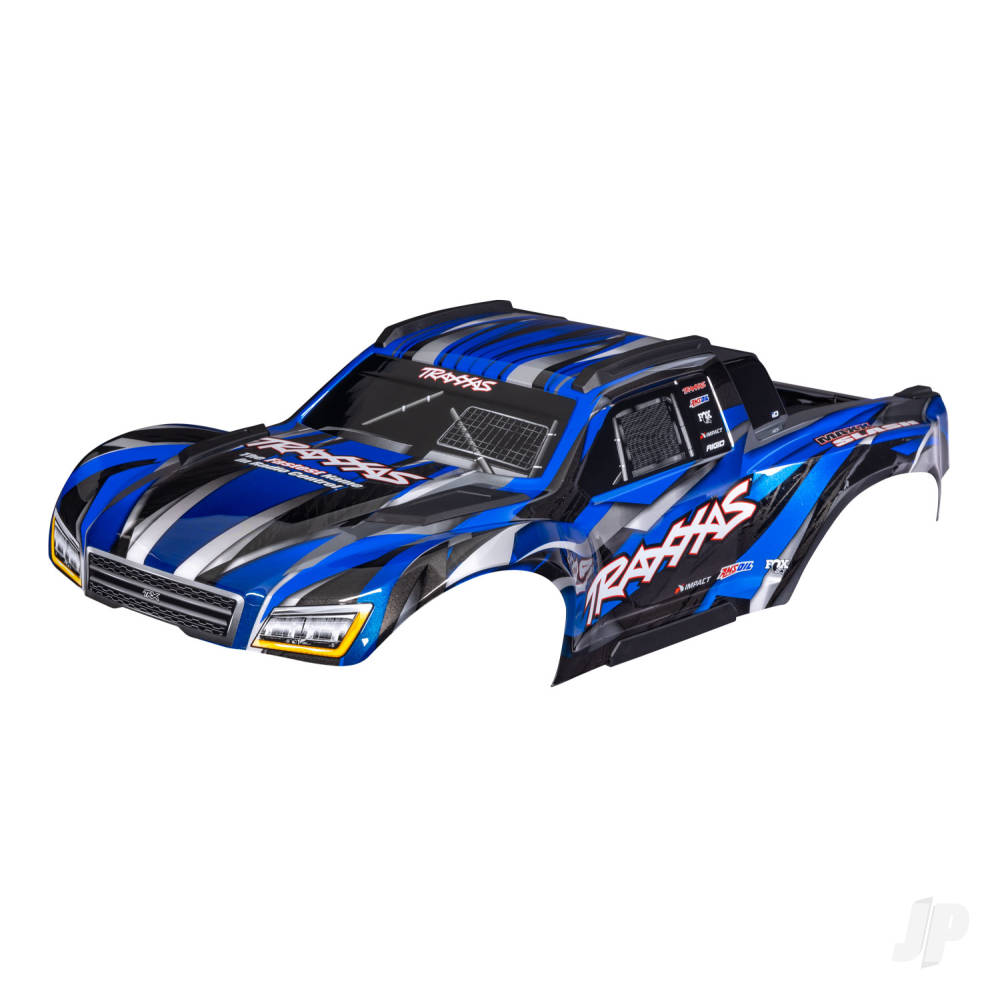 Traxxas Body, Maxx Slash, blue (painted)/ decal sheet (assembled with body support, body plastics, & latches for clipless mounting) TRX10211-BLUE