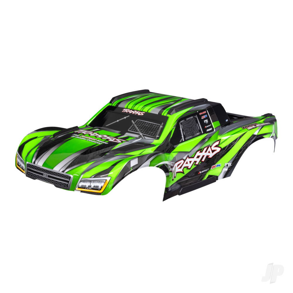 Traxxas Body, Maxx Slash, green (painted)/ decal sheet (assembled with body support, body plastics, & latches for clipless mounting) TRX10211-GRN