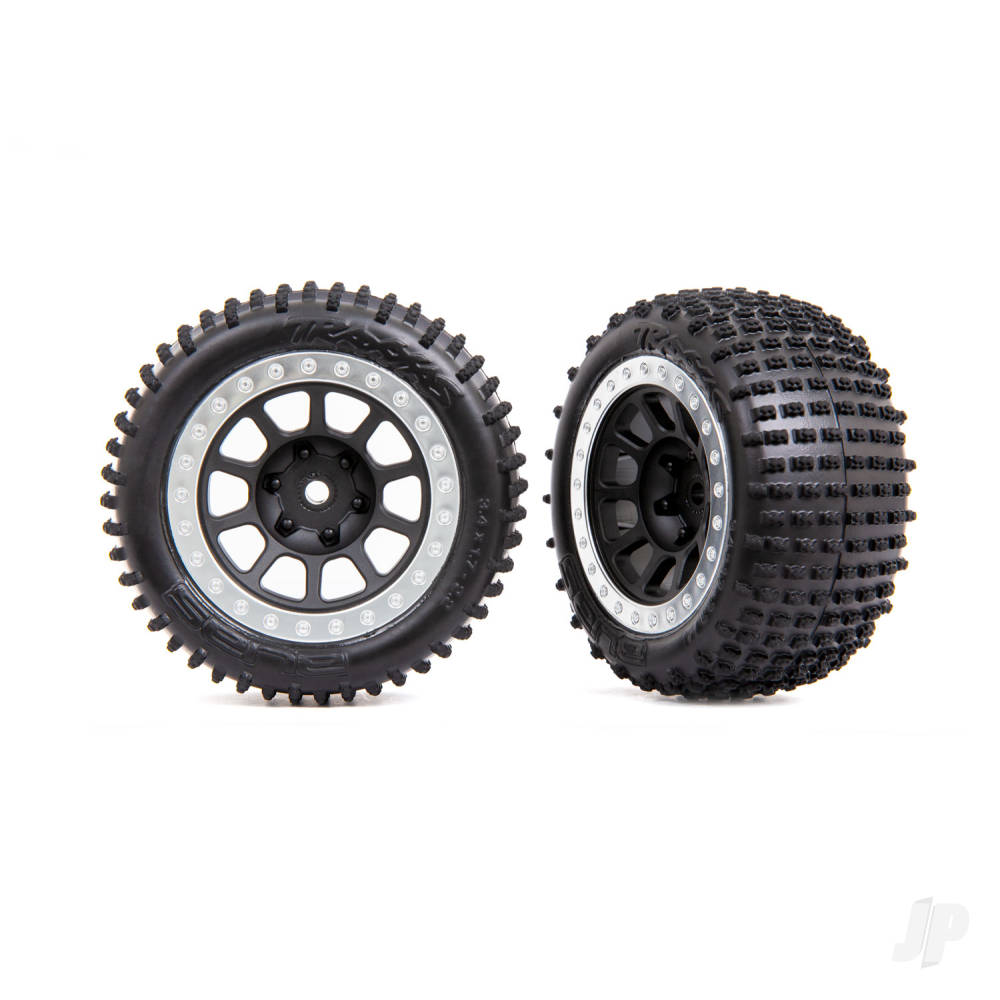 Traxxas Tyres & wheels, assembled (2.2' graphite gray, satin chrome beadlock wheels, Alias 2.2' Tyres) (2) (Bandit rear, medium compound with foam inserts) TRX2470G