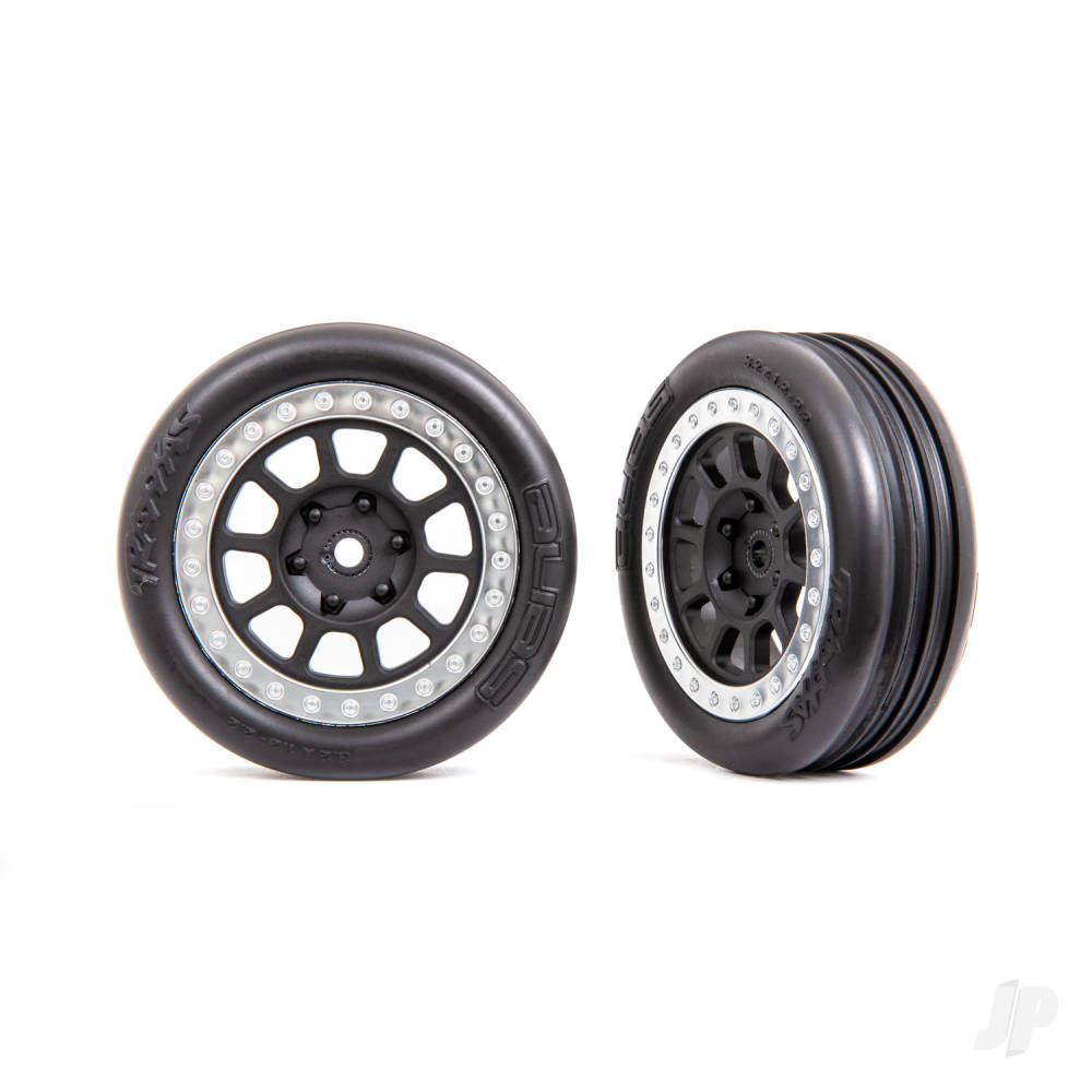 Traxxas Tyres & wheels, assembled (2.2' graphite gray, satin chrome beadlock wheels, Alias ribbed 2.2' Tyres) (2) (Bandit front, medium compound with foam inserts) TRX2471G