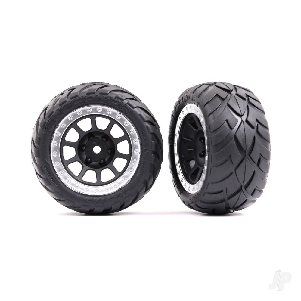 Traxxas Tyres & wheels, assembled (2.2' graphite gray, satin chrome beadlock wheels, Anaconda 2.2' Tyres with foam inserts) (2) (Bandit rear) TRX2478G