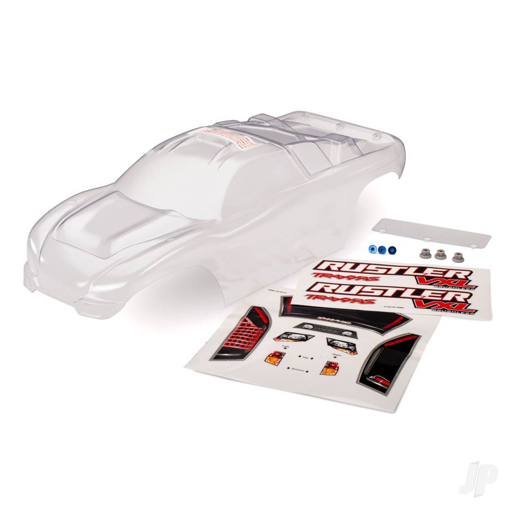 Traxxas Body, Rustler (clear, requires painting) / window, lights decal sheet / wing and aluminium hardware TRX3714