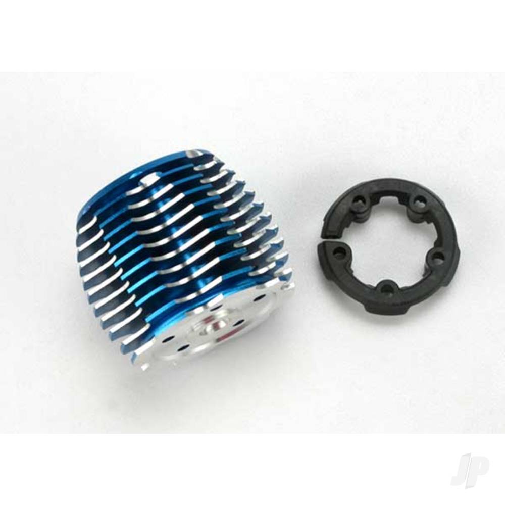 Traxxas Cooling head, PowerTune (machined aluminium, Blue-anodised) (TRX 2.5 and 2.5R) / head protector (plastic) TRX5237