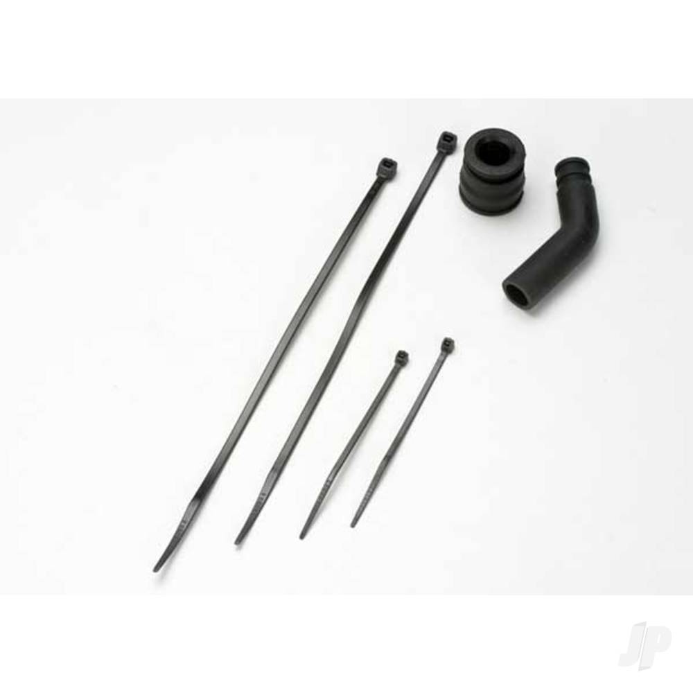 Traxxas Pipe coupler, moulded (black) / exhaust deflecter (rubber, black) / cable ties, Long (2 pcs) / cable ties, Short (2 pcs) TRX5245X