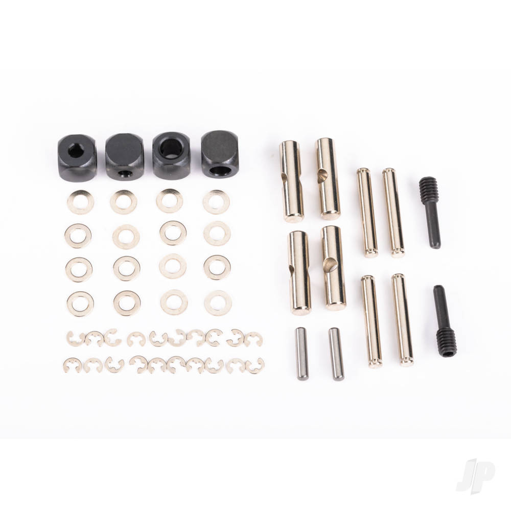 Traxxas U-joints, driveshaft (carrier (4)/ 4.5mm cross pin (4)/ 3mm headed pin (4)/ 4x15mm screw pin (2)/ hex pin (2)/ e-clips (6)/ 3x6x0.5 MW (4)) (metal parts for 2 driveshafts) TRX5452X