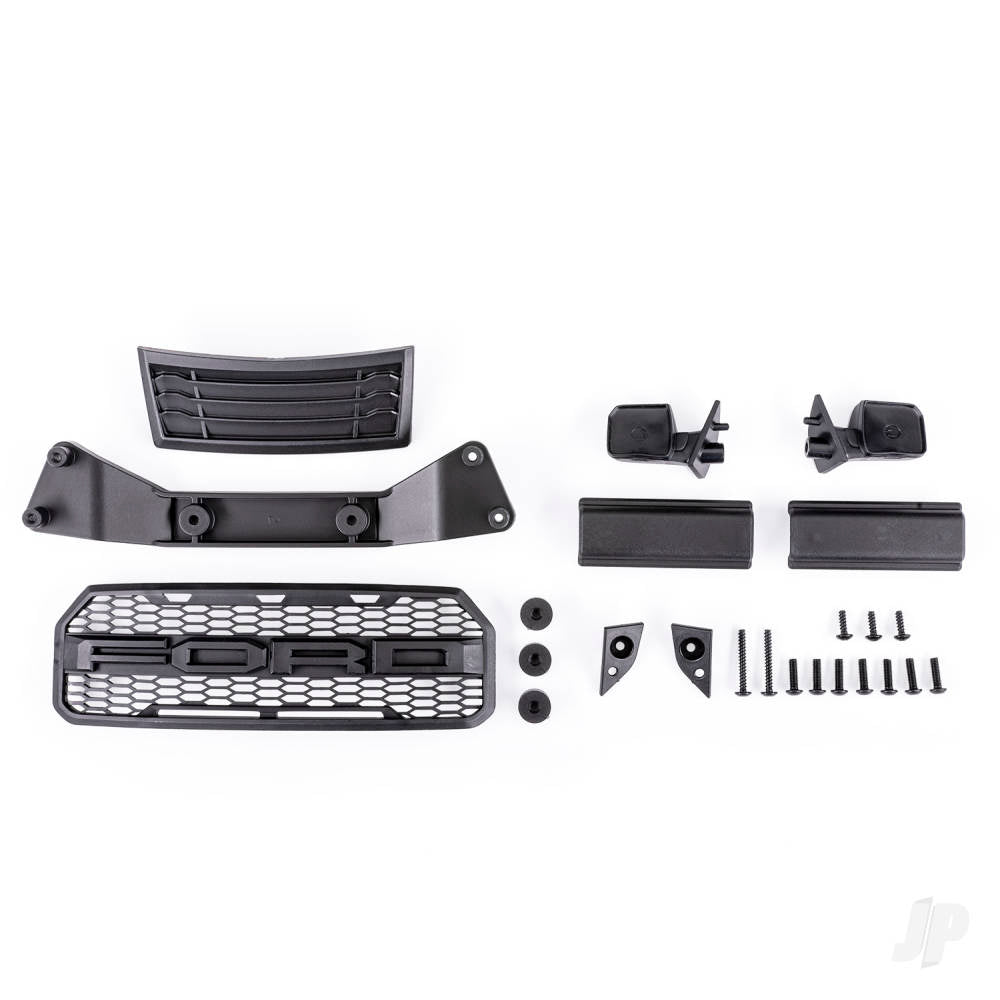 Traxxas Grille/ grille mount/ mirrors, side (left & right)/ mirror mounts (left & right)/ body mount adapter/ rear latch retainers (2)/ 2.6x8mm BCS (self-tapping) (3)/ 2.6x20mm BCS (self-tapping) (2)/ 3x10mm BCS (8) (fits #5916 body) TRX5921