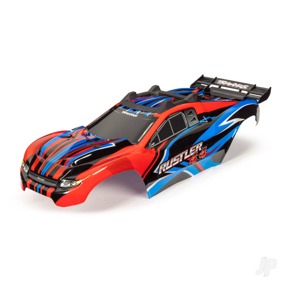 Traxxas Body, Rustler 4X4, red & blue/ window, grille, lights decal sheet (assembled with front & rear body mounts and rear body support for clipless mounting) TRX6734R