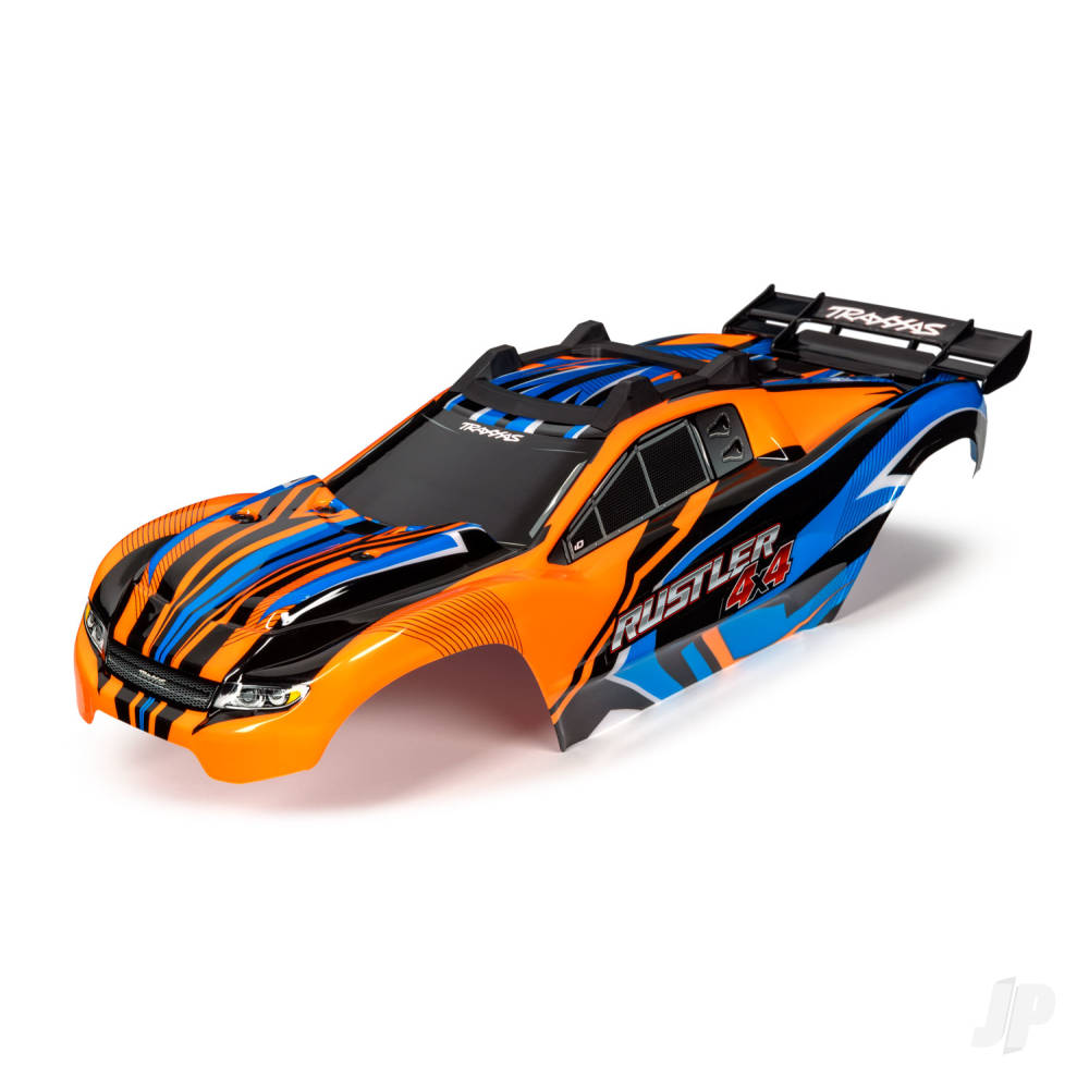 Traxxas Body, Rustler 4X4, orange & blue/ window, grille, lights decal sheet (assembled with front & rear body mounts and rear body support for clipless mounting) TRX6734T