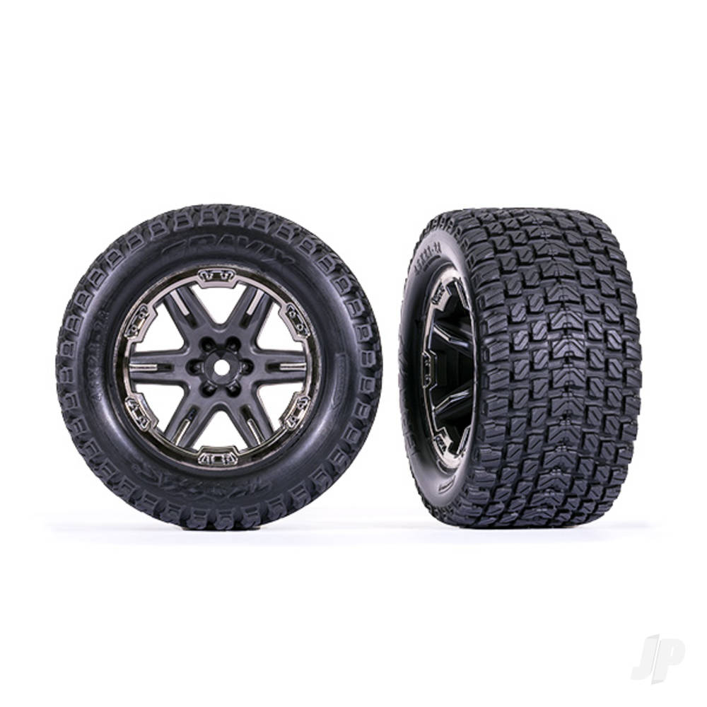 Traxxas Tyres & wheels, assembled, glued (2.8") (RXT charcoal gray & black chrome wheels, Gravix tyres, foam inserts) (4WD electric front/rear, 2WD electric front only) (2) (TSM rated) TRX6764-BLKCR