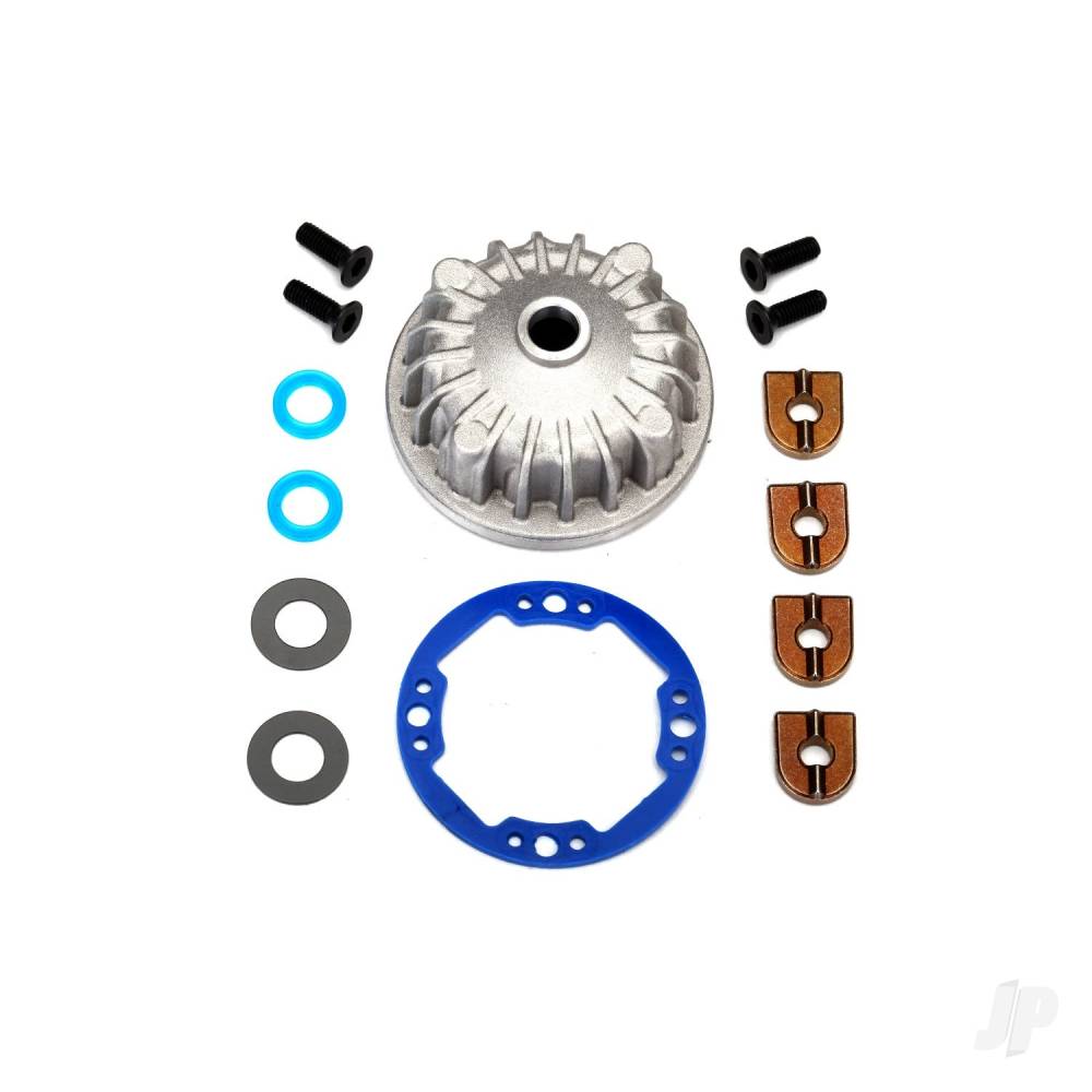 Traxxas Housing, Center Differential (Aluminium) / x-ring gaskets (2 pcs) / ring gear gasket / bushings (2 pcs) / 5x10x0.5mm PTFE-coated washers (2 pcs) / 2.5x8 CCS (4 pcs) TRX6781