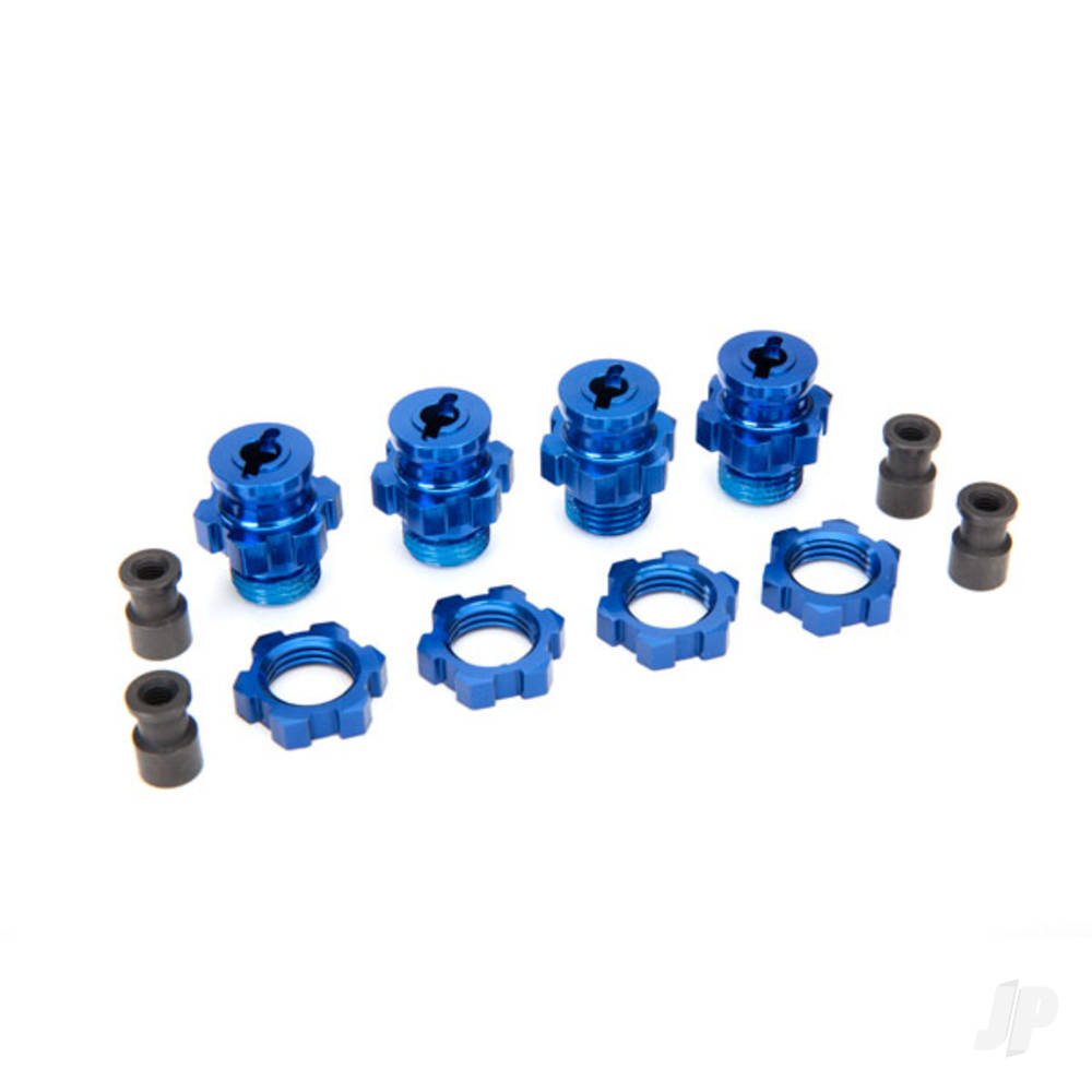 Traxxas Wheel Hubs, splined, 17mm, Short (4 pcs) / wheel nuts, splined, 17mm (4 pcs) (Blue-anodised) / Hub retainer M4 X 0.7 (4 pcs) / axle pin (4 pcs) / wrench, 5mm TRX6856X