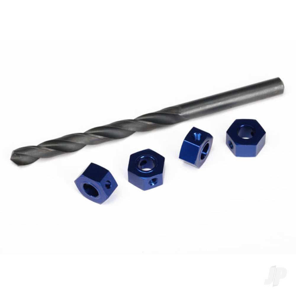 Traxxas Wheel adaptors, 12mm hex, 6061-T6 aluminium (Blue-anodised) (4 pcs) / screw pins (4 pcs) / drill bit, 0.25in (for 6mm shafts) (requires #6451 (x2), #6452 (x2), #6439, #6455, #5117 (x3)) TRX6869