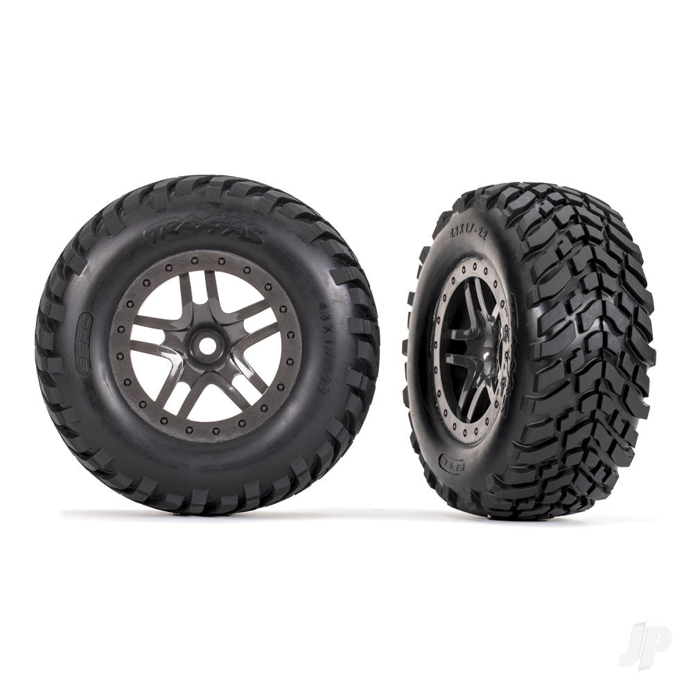 Traxxas Tyres & wheels, assembled, glued (SCT Split-Spoke gray beadlock style wheels, SCT off-road racing Tyres, foam inserts) (2) (4WD f/r, 2WD rear) (TSM rated) TRX6964