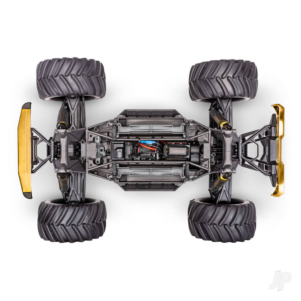 Top-down view of a remote control car chassis on a white background