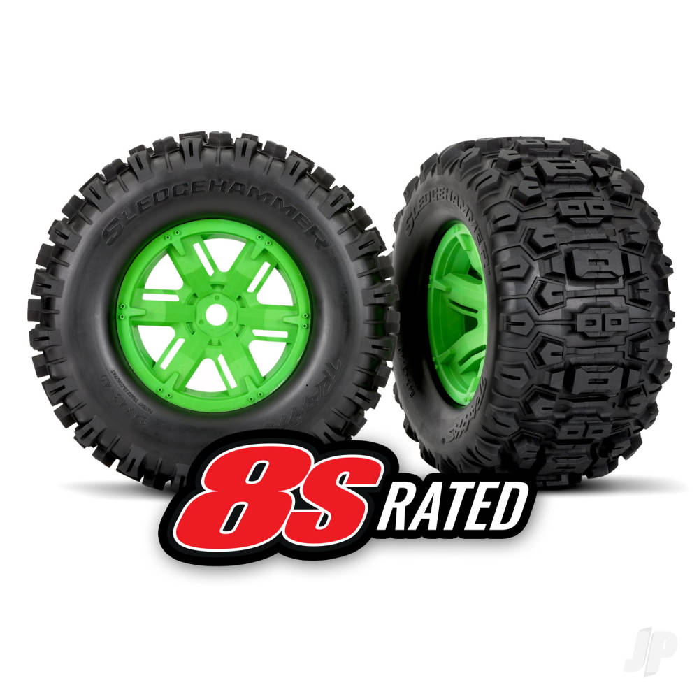 Traxxas Tyres & wheels, assembled, glued (X-Maxx green wheels, Sledgehamme - TRX7774G 1