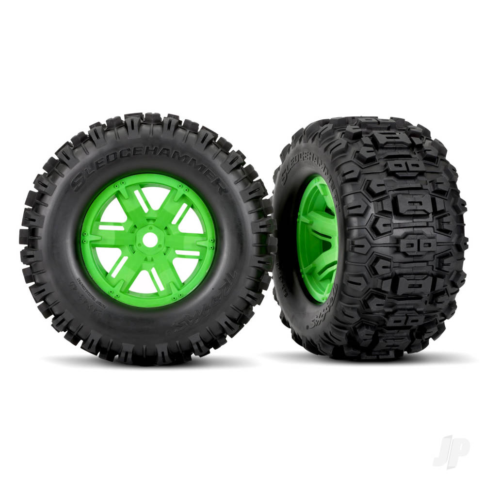 Traxxas Tyres & wheels, assembled, glued (X-Maxx green wheels, Sledgehamme - TRX7774G Main