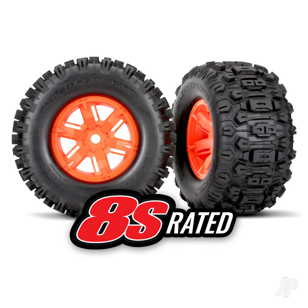 Traxxas Tyres & wheels, assembled, glued (X-Maxx orange wheels, Sledgehamm - TRX7774T 1