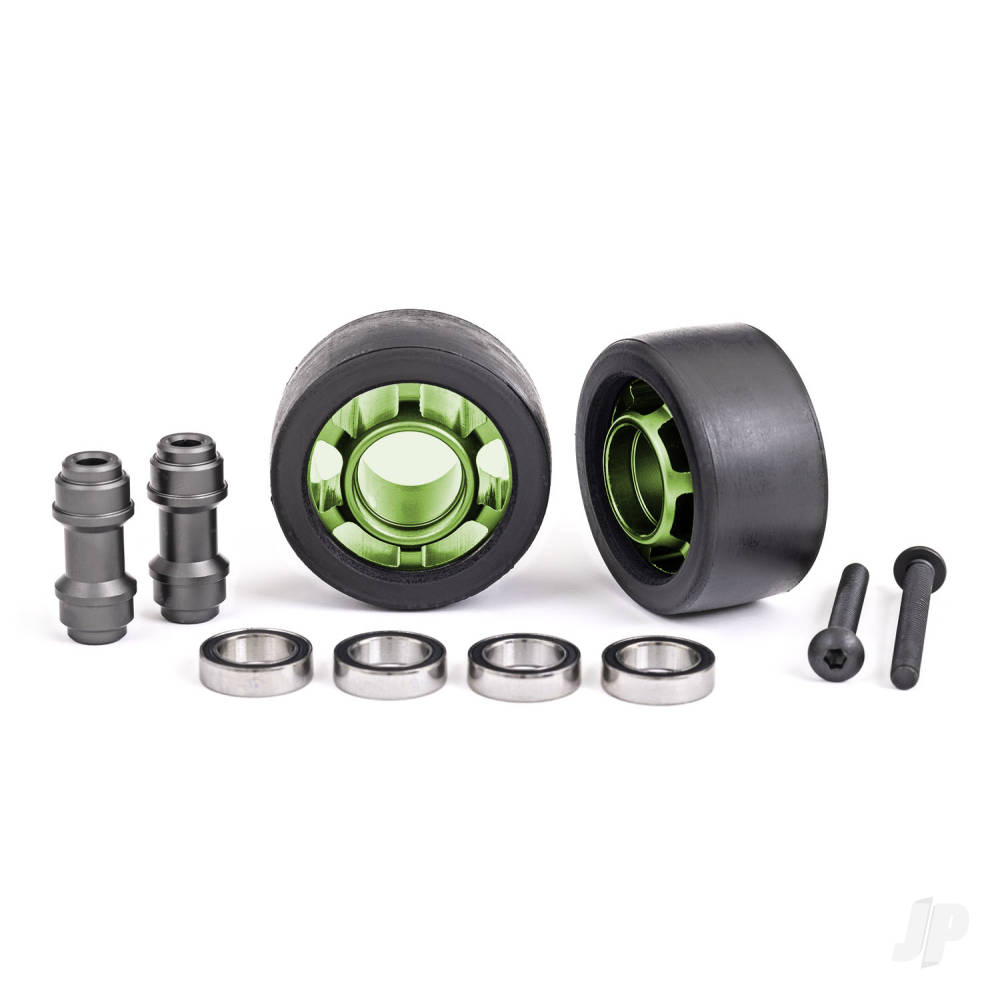 Traxxas Wheels, wheelie bar, 6061-T6 aluminium (green-anodised) (2)/ axle, wheelie bar, 6061-T6 aluminium (2)/ 10x15x4 ball bearings (4) TRX7775G