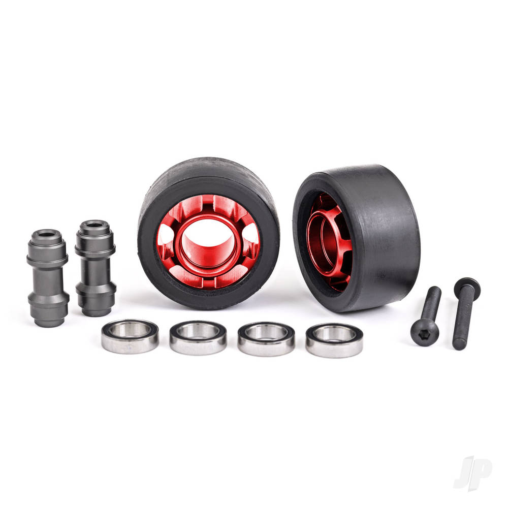 Traxxas Wheels, wheelie bar, 6061-T6 aluminium (red-anodised) (2)/ axle, wheelie bar, 6061-T6 aluminium (2)/ 10x15x4 ball bearings (4) TRX7775R