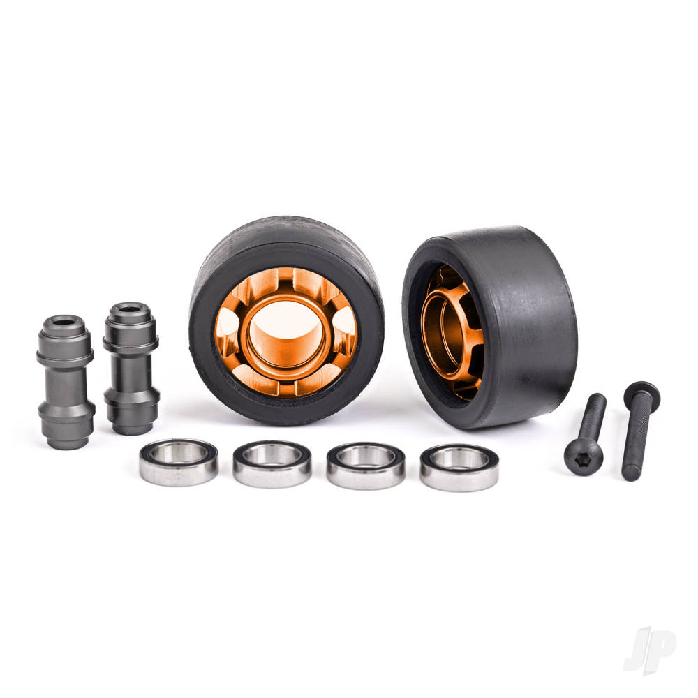 Traxxas Wheels, wheelie bar, 6061-T6 aluminium (orange-anodised) (2)/ axle, wheelie bar, 6061-T6 aluminium (2)/ 10x15x4 ball bearings (4) TRX7775T