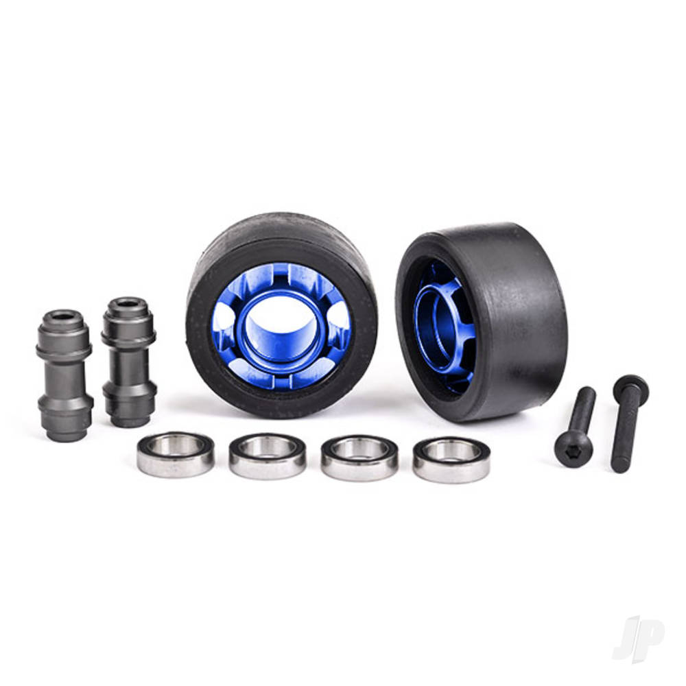 Traxxas Wheels, wheelie bar, 6061-T6 aluminium (blue-anodised) (2)/ axle, wheelie bar, 6061-T6 aluminium (2)/ 10x15x4 ball bearings (4) TRX7775X