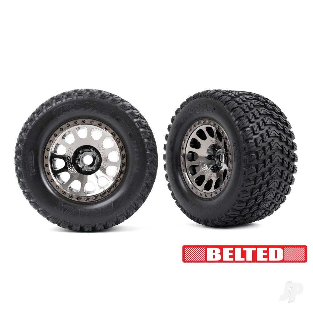 Traxxas Tyres & wheels, assembled, glued (XRT Race black chrome wheels, Gravix belted tyres, dual profile (4.3" outer, 5.7" inner) foam inserts) (left & right) TRX7862X