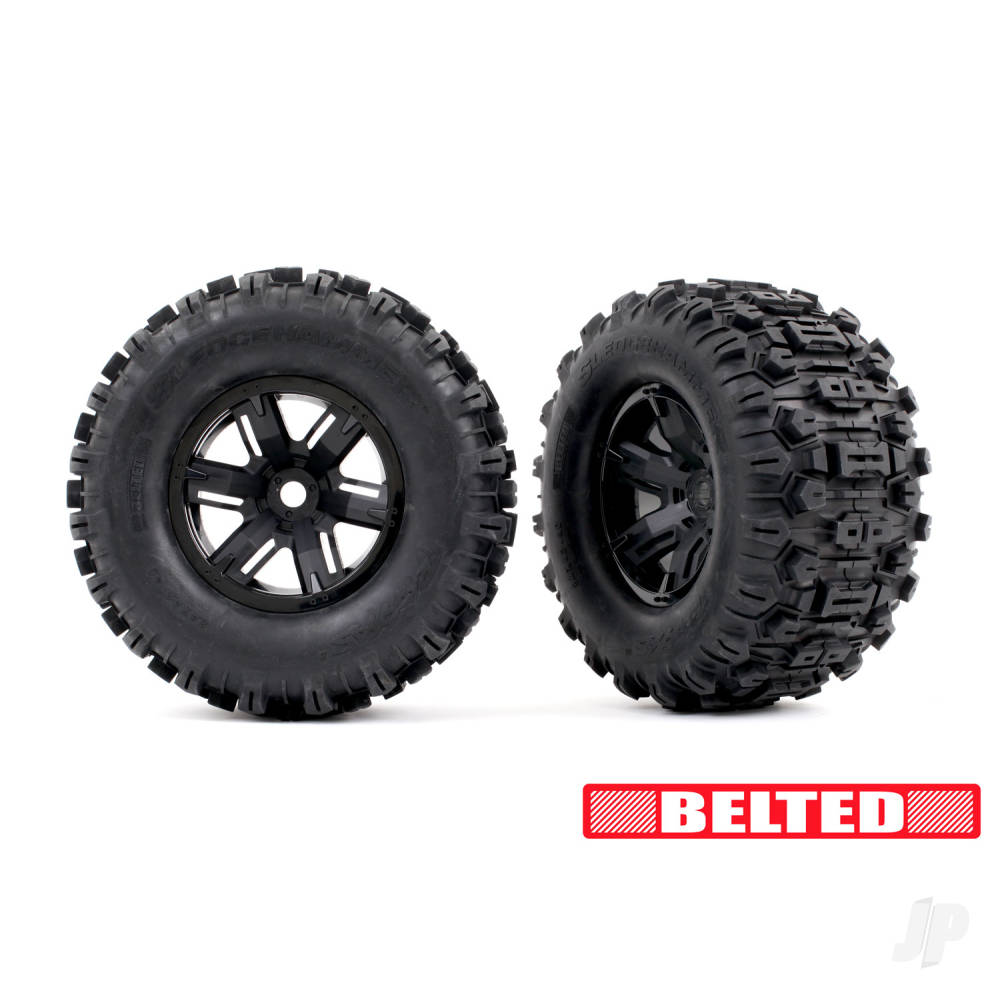 Traxxas Tyres & wheels, assembled, glued (X-Maxx black wheels, Sledgehammer belted tyres, dual profile (4.3" outer, 5.7" inner), foam inserts) (left & right) TRX7871