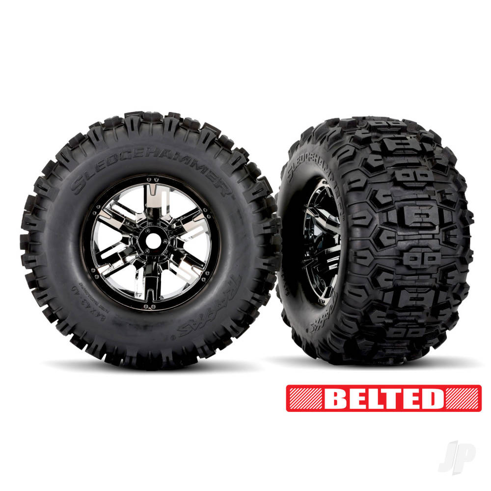 Traxxas Tyres & wheels, assembled, glued (X-Maxx black chrome wheels, Sledgehammer belted tyres, dual profile (4.3" outer, 5.7" inner), foam inserts) (left & right) TRX7871X