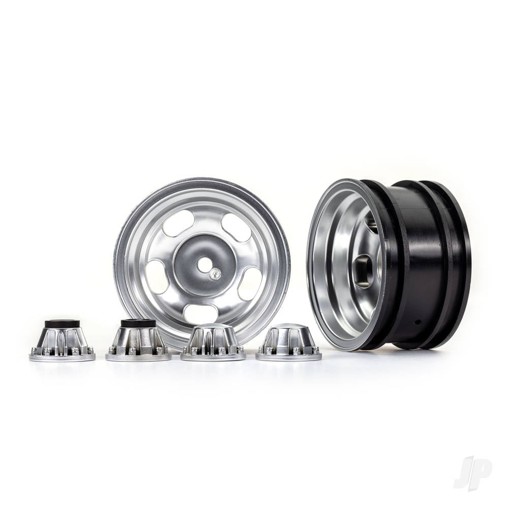 Traxxas Wheels, 2.2in, satin chrome (2)/ center caps (2) (requires #8255A extended thread stub axle) TRX8158