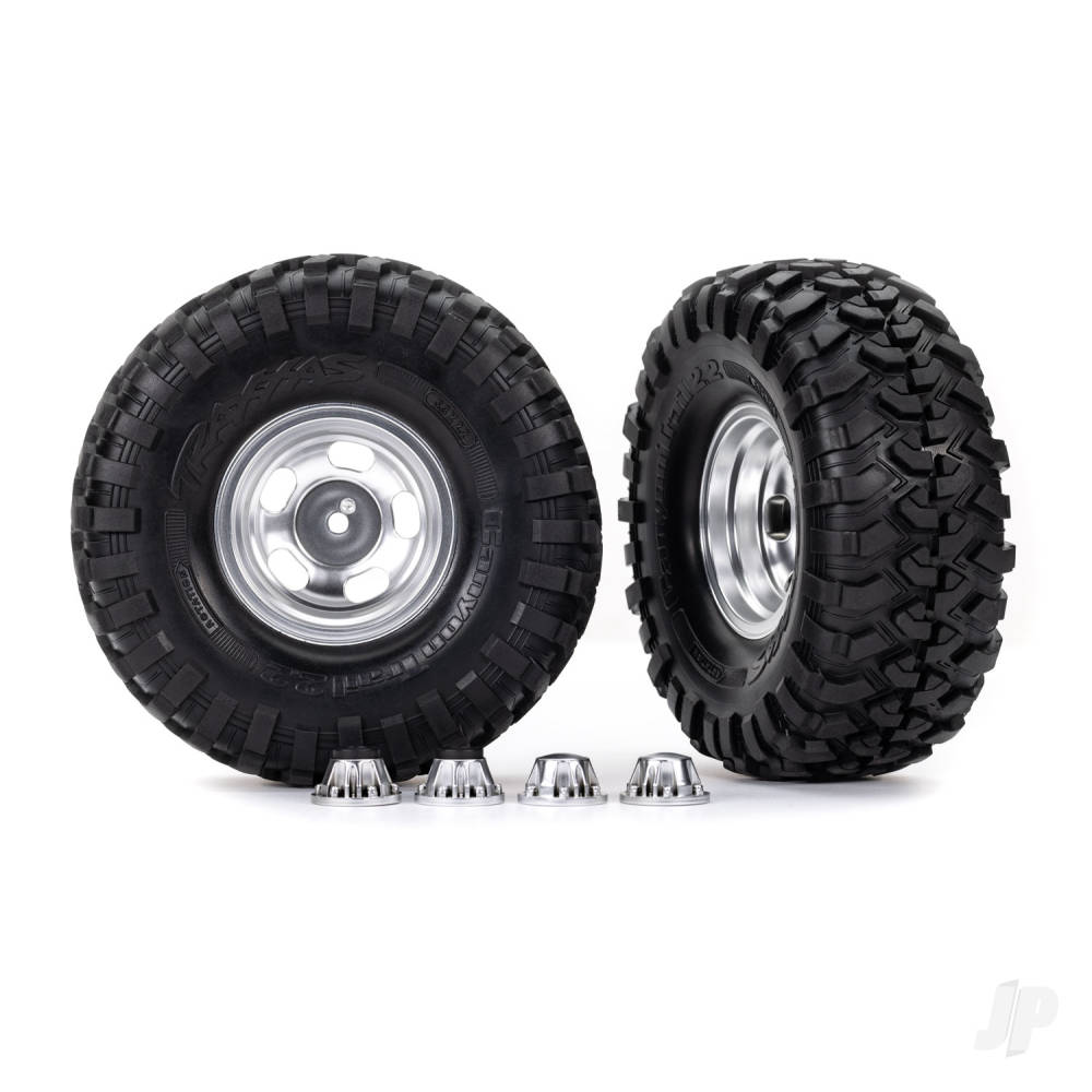 Traxxas Tyres & wheels, assembled, glued (2.2in satin chrome wheels, Canyon Trail 5.3 x 2.2in Tyres) (2)/ center caps (2) (requires #8255A extended thread stub axle) TRX8159