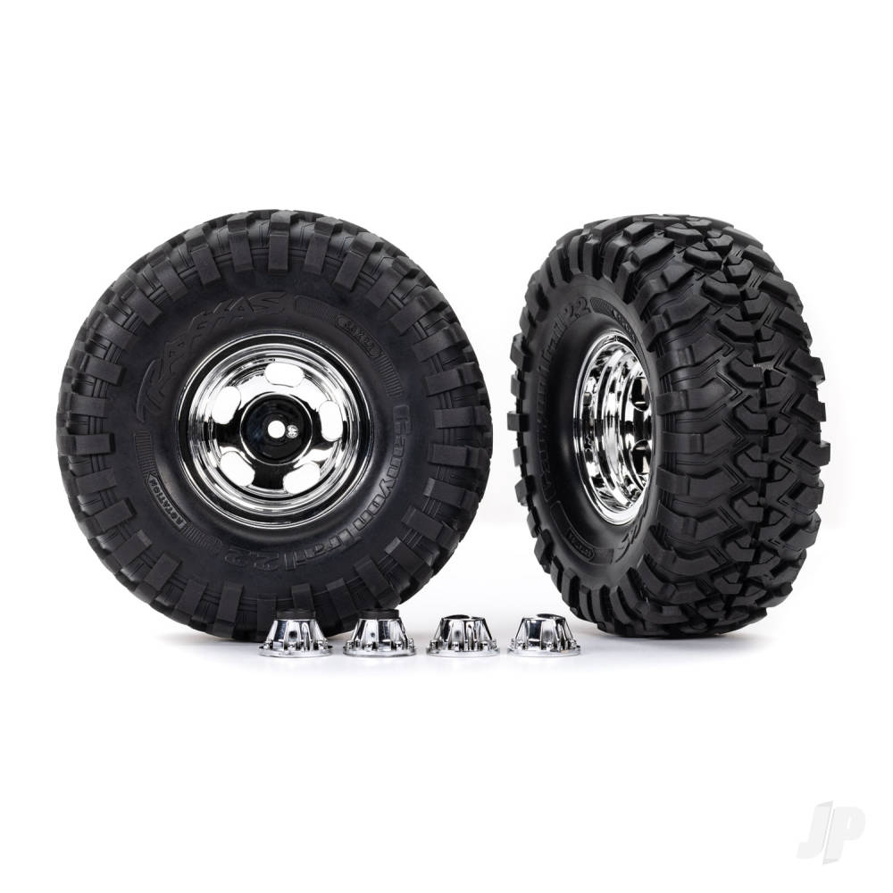 Traxxas Tyres & wheels, assembled, glued (2.2in chrome wheels, Canyon Trail 5.3 x 2.2in Tyres) (2)/ center caps (2)/ decal sheet (requires #8255A extended thread stub axle) TRX8159X